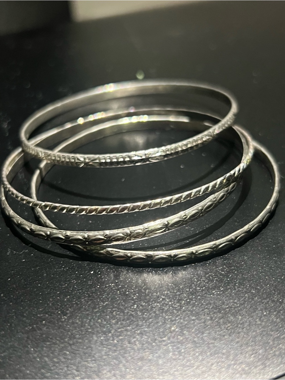 Set of 4 Detailed Silver-Tone Etched Bangle Bracelets – Mixed Patterns